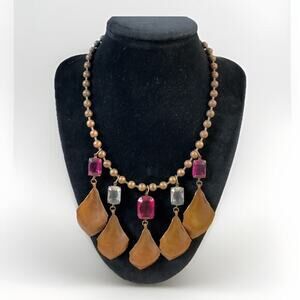 Vintage Copper‎ Tone Bib Necklace Arts & Craft Lucite Faceted Beads 16” 3” Drop